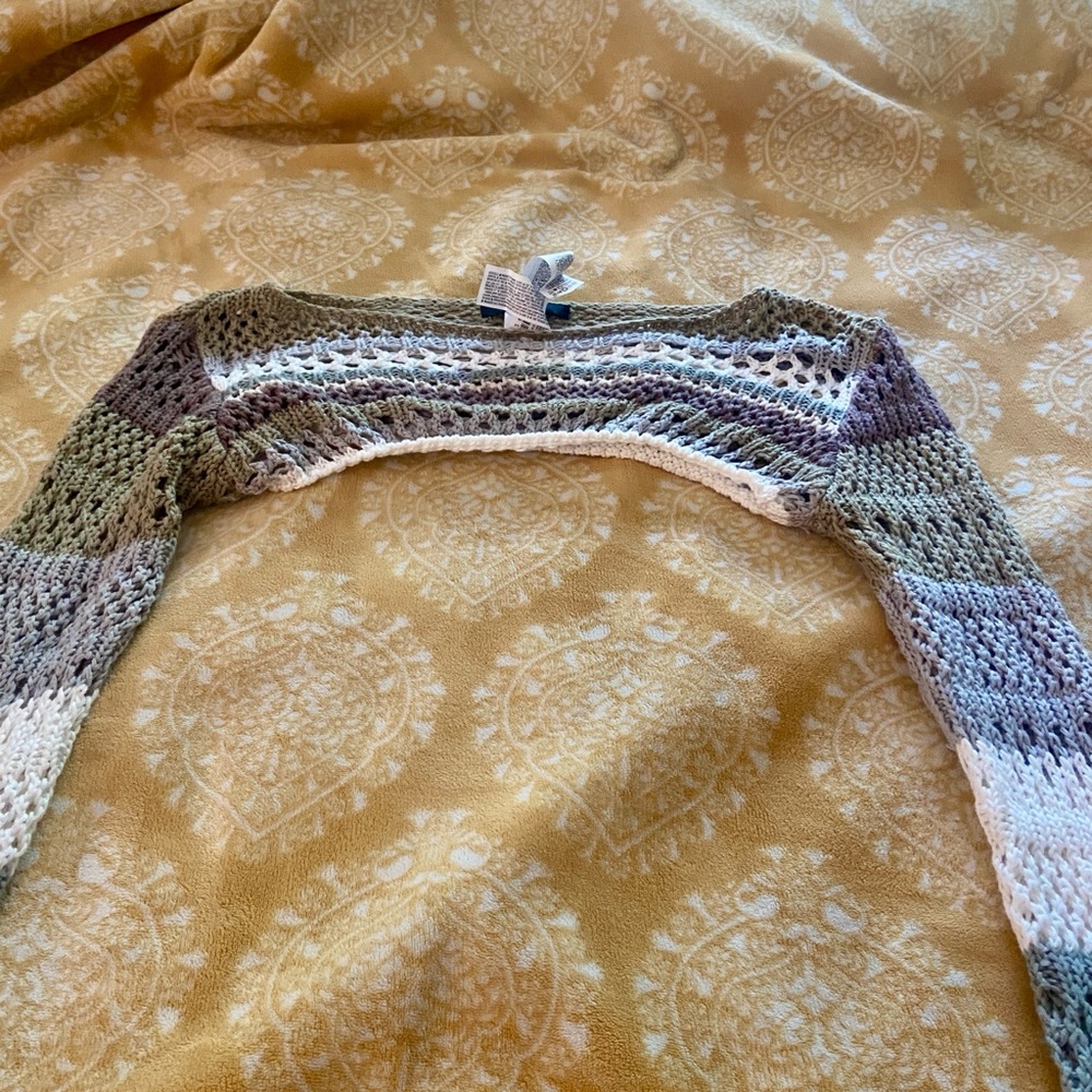 Crochet Open-Knit Shrug in Green, tan, brown & off white